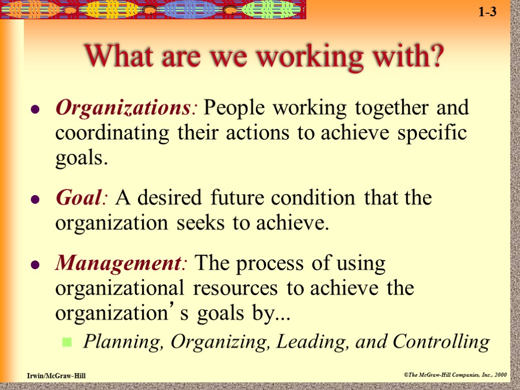 What are we working with? Organizations: People working together and coordinating their actions to